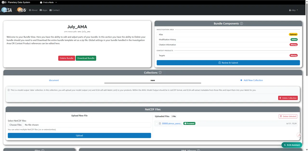 An Annex bundle in ELSA: a model output collection with a netCDF upload panel, and an uploaded file marked Processed after ELSA extracted its metadata.