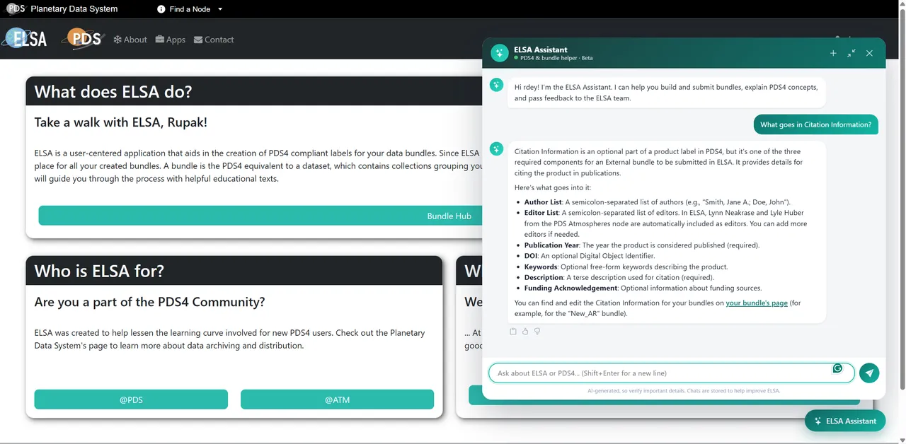 ELSA's in-app AI Assistant answering a question about what belongs in PDS4 Citation Information, with a structured breakdown of author list, editor list, publication year, DOI, keywords, description, and funding acknowledgement.