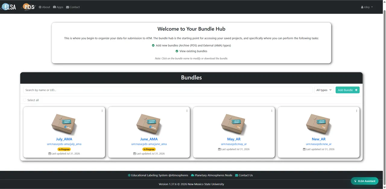 ELSA's bundle hub: a search field, a type filter, and a row of bundle cards, each showing its name, its PDS logical identifier, an In Progress status badge, and a last-updated date.